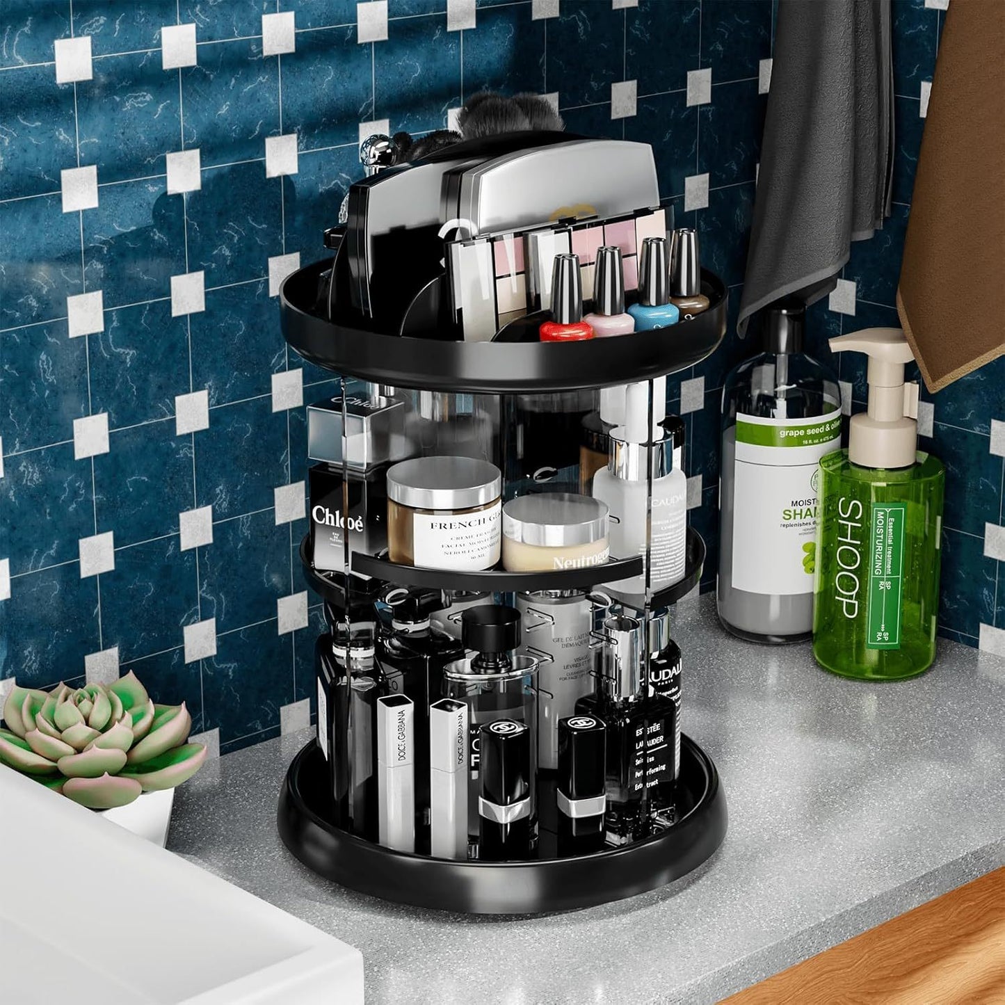 360 Rotating Skincare or Makeup Organizer For Vanity Storage Adjustable Spinning Beauty And Skincare Organizer,Clear Acrylic Carousel Cosmetic Display Cases,Bathroom Counter Lazy Susan Skin Care Holder