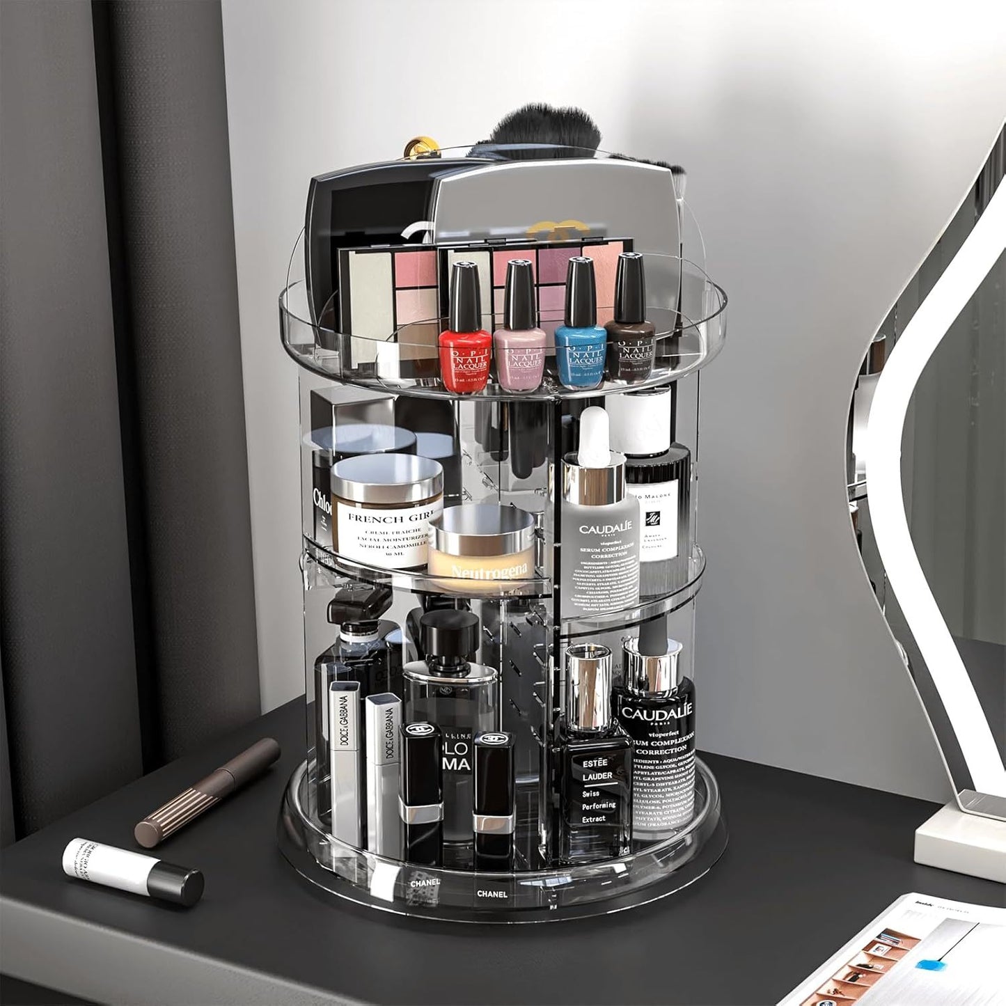 360 Rotating Skincare or Makeup Organizer For Vanity Storage Adjustable Spinning Beauty And Skincare Organizer,Clear Acrylic Carousel Cosmetic Display Cases,Bathroom Counter Lazy Susan Skin Care Holder