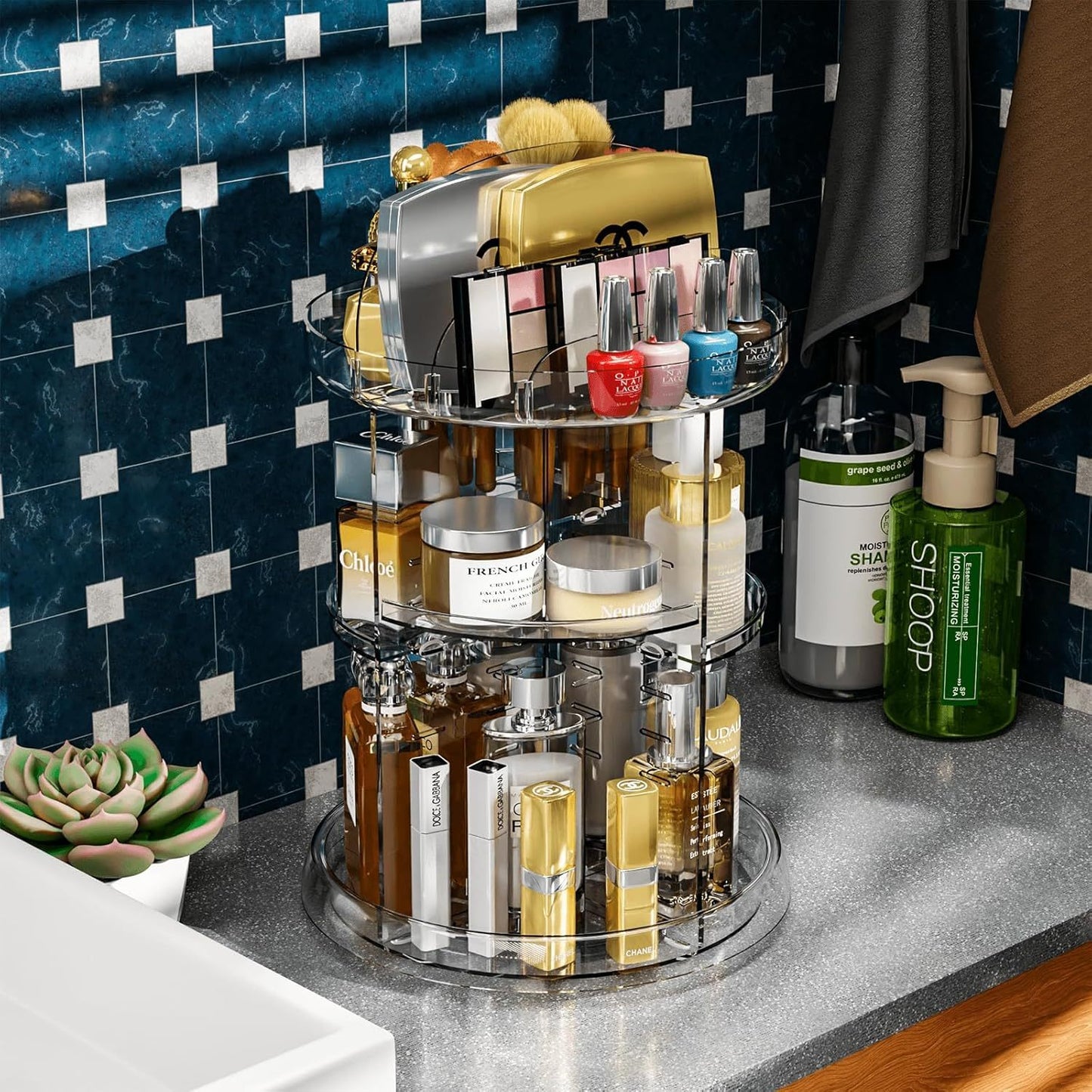 360 Rotating Skincare or Makeup Organizer For Vanity Storage Adjustable Spinning Beauty And Skincare Organizer,Clear Acrylic Carousel Cosmetic Display Cases,Bathroom Counter Lazy Susan Skin Care Holder
