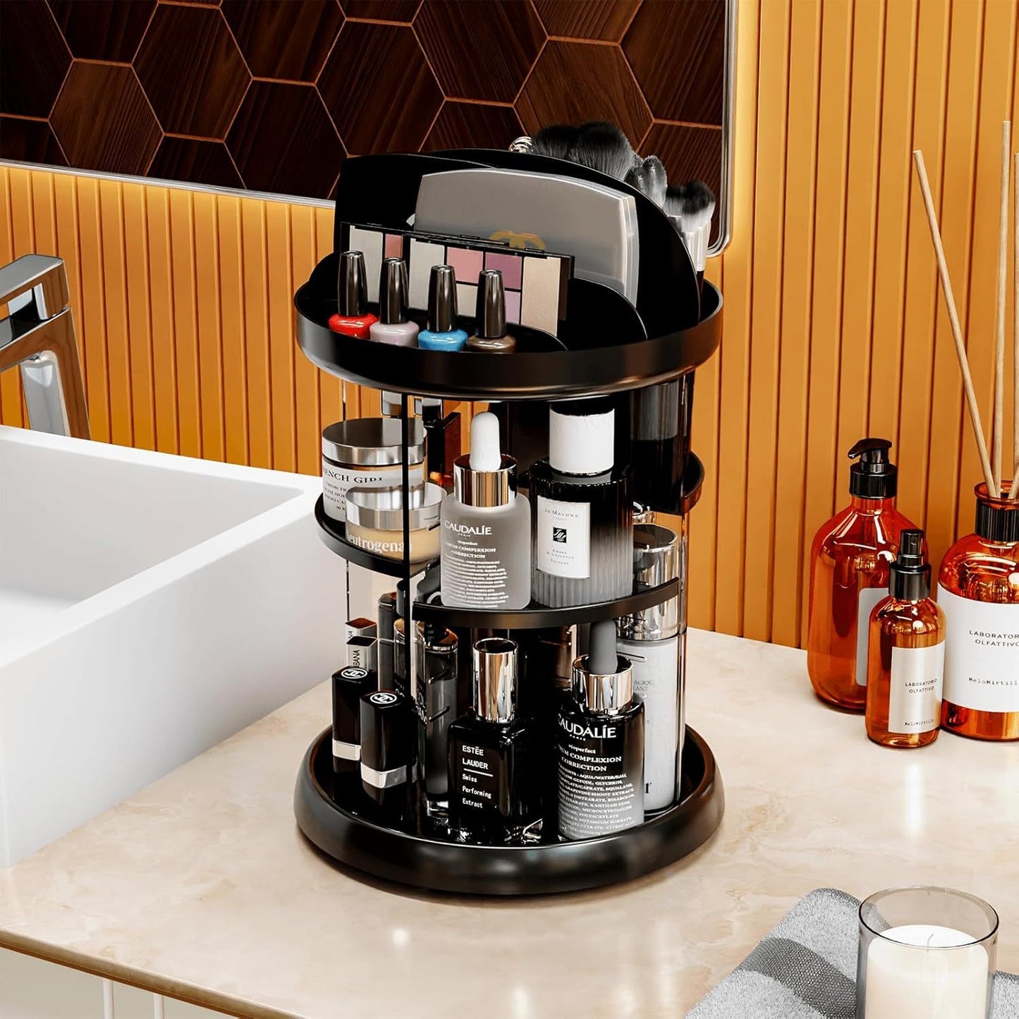 360 Rotating Skincare or Makeup Organizer For Vanity Storage Adjustable Spinning Beauty And Skincare Organizer,Clear Acrylic Carousel Cosmetic Display Cases,Bathroom Counter Lazy Susan Skin Care Holder