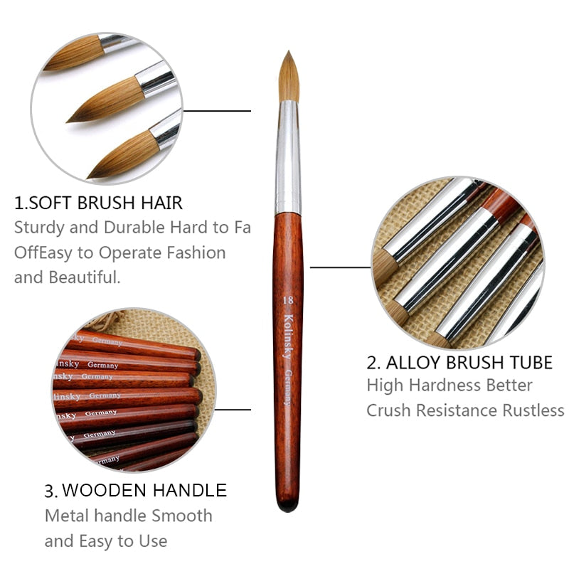 Kolinsky Acrylic Nail Brush Good Quality Nail Art Mink Brush Wood Handle Gel Builder Manicure Brush Drawing Tools Size 8-24