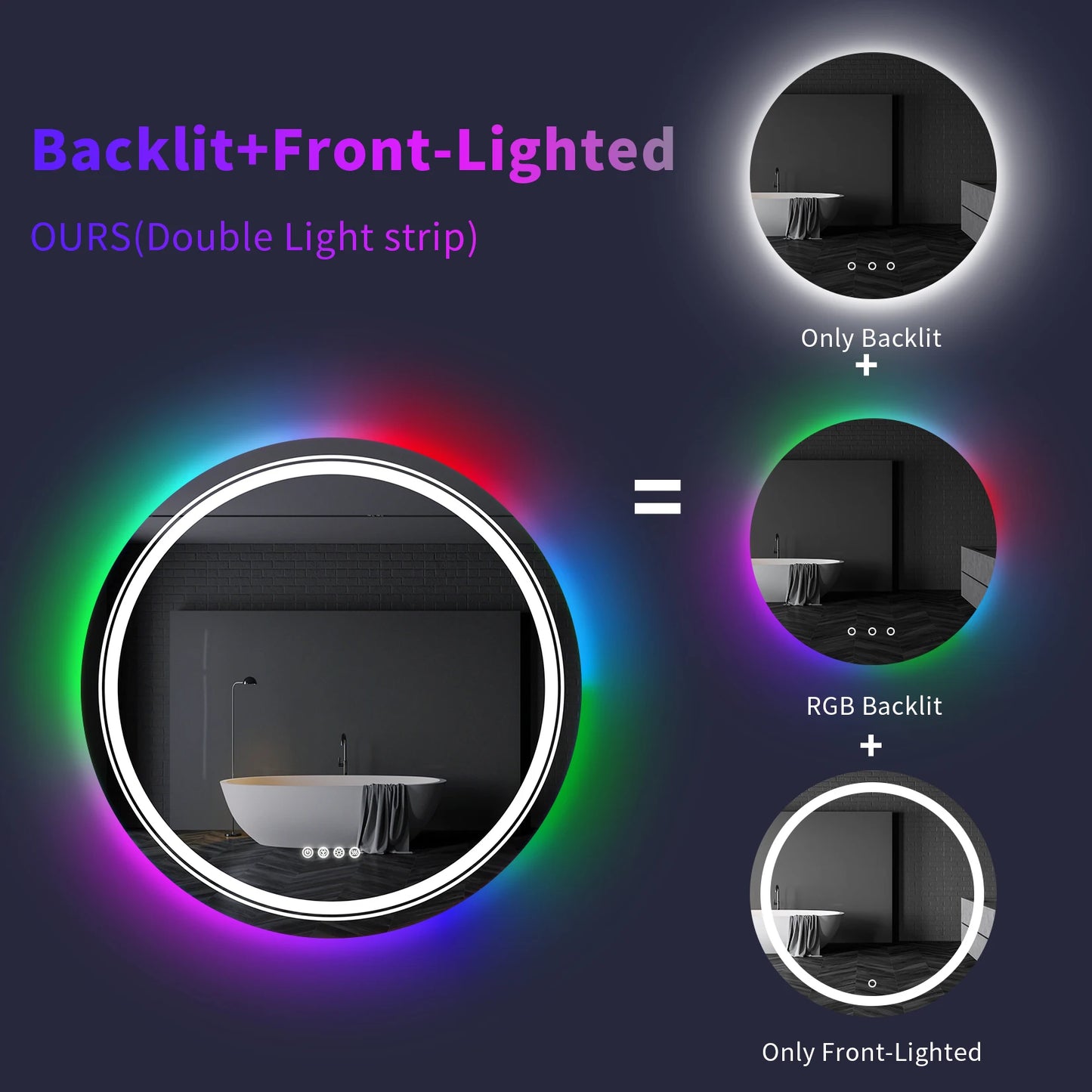 Large Round Lighted Bathroom Mirror RGB Color Changing LED Mirror Dimmable Anti-Fog Backlit Mirror RGB Multicolor Backlit
