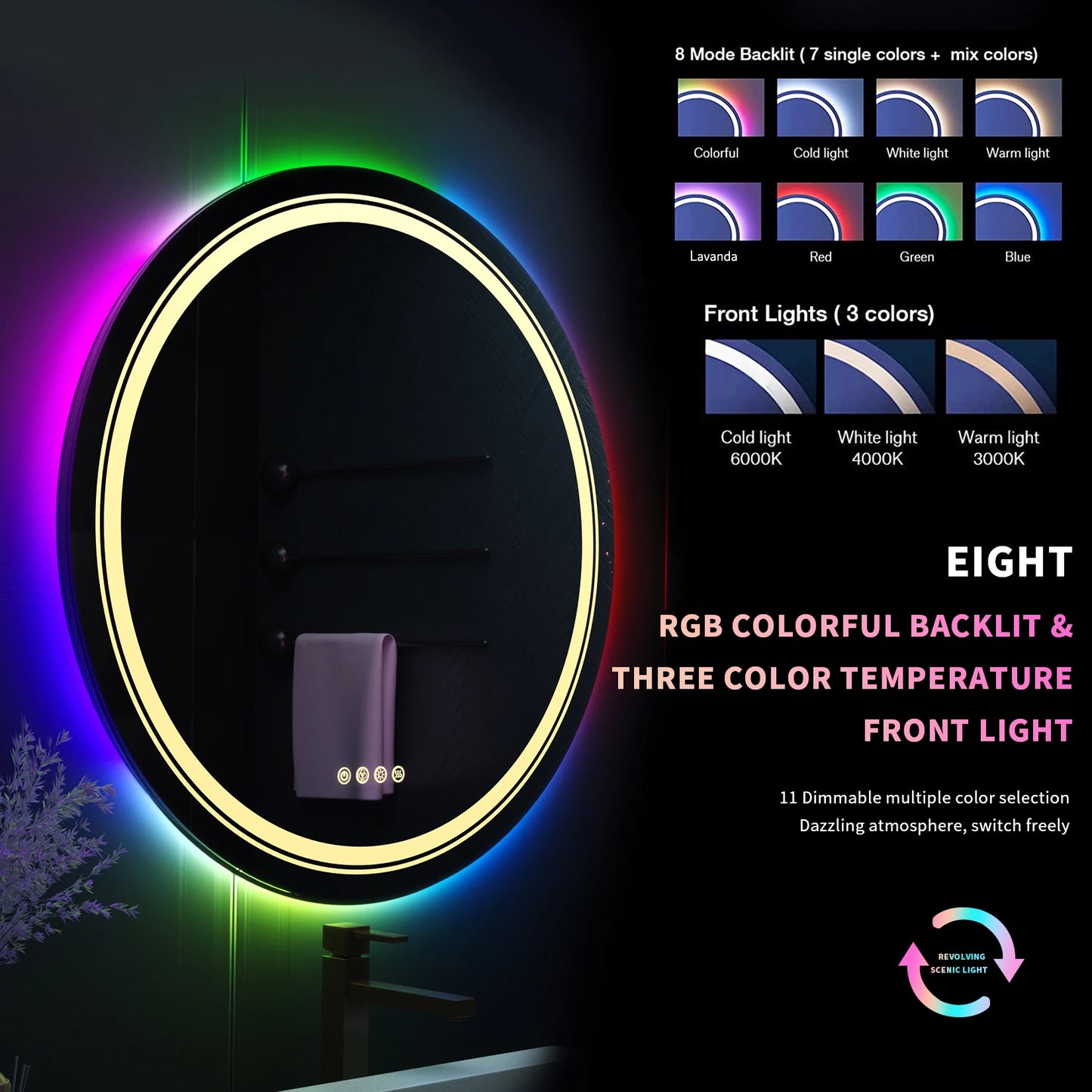 Large Round Lighted Bathroom Mirror RGB Color Changing LED Mirror Dimmable Anti-Fog Backlit Mirror RGB Multicolor Backlit