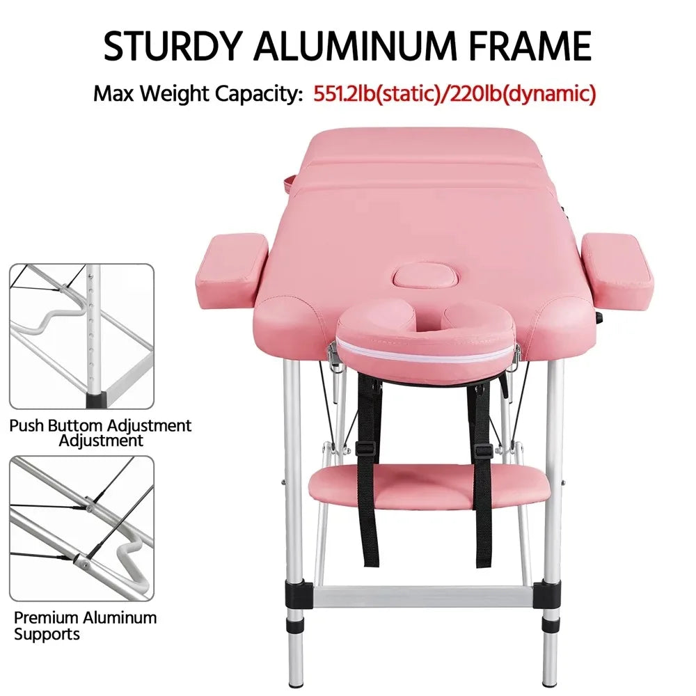 3-Fold Portable Aluminum Massage Table for Spa Treatments & Tattoos, 84", Pink